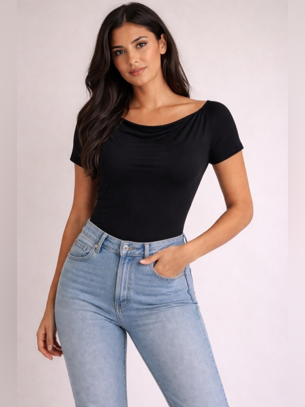 NWT SPANX Smooth Jersey Ballet Black Scoop Neck Short Sleeve Thong Bodysuit